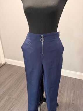 Fashion Nova Navy Straight-Leg High-Rise Pants with Ring Zip